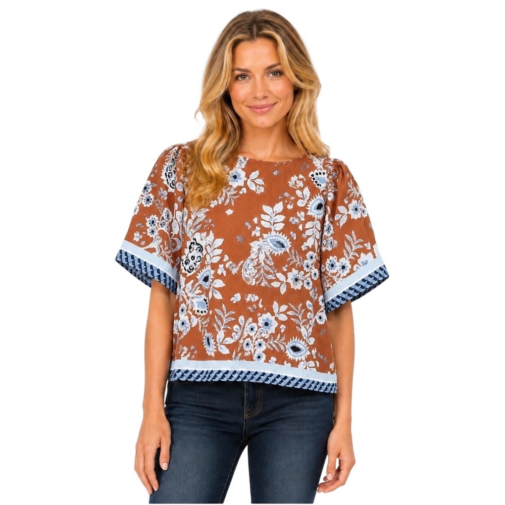 NWT LOFT Floral Border Print Flutter Sleeve Blouse Small Rust Blue 38992551